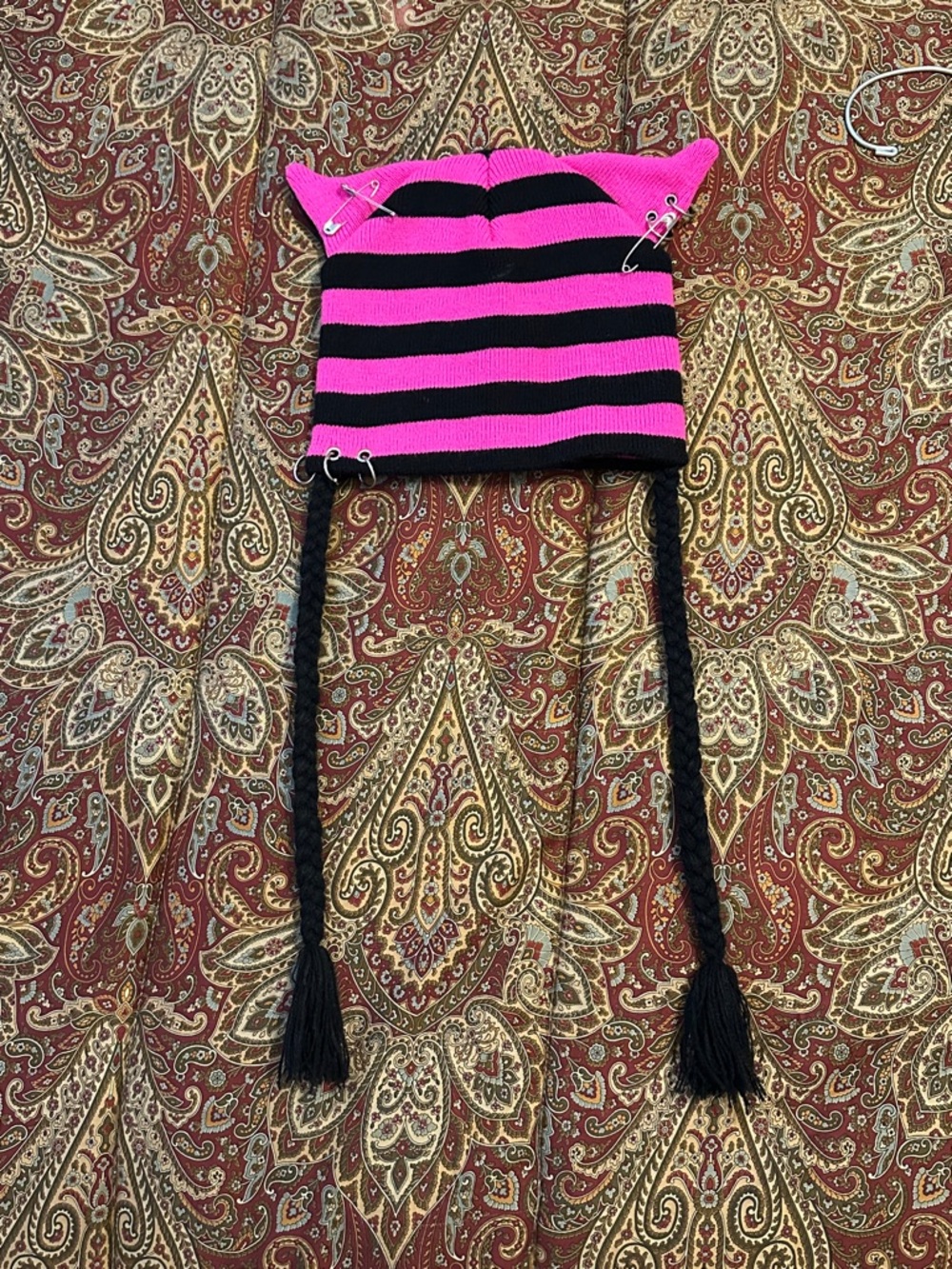 Source Unknown Black and Pink Striped Cat Ear Knit Hat